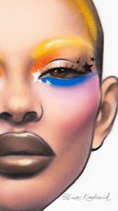facechart with yellow, orange, and blue eye makeup