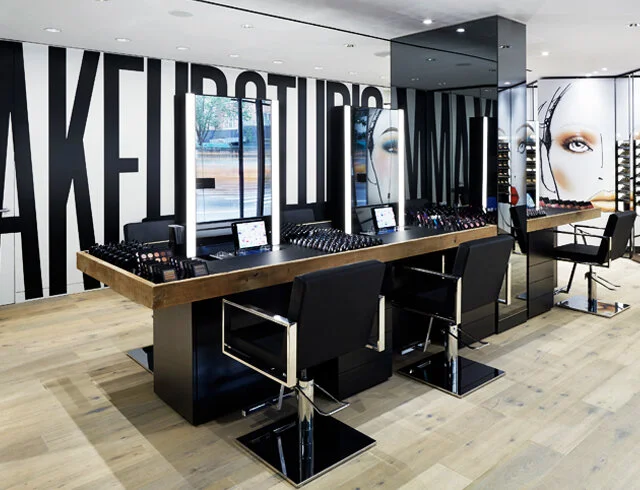 mac cosmetics store with face charts in view