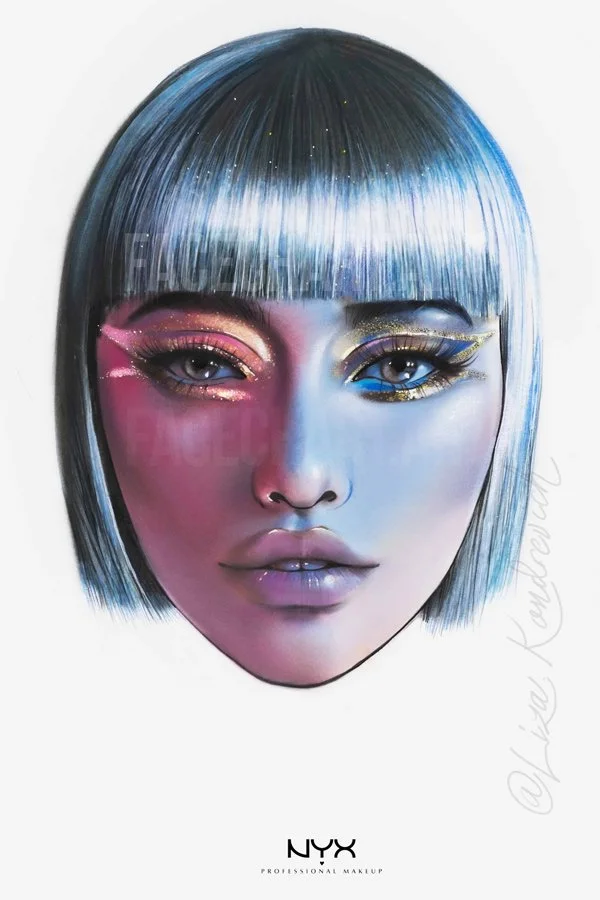 facechart with silver hair and golden eyeliner