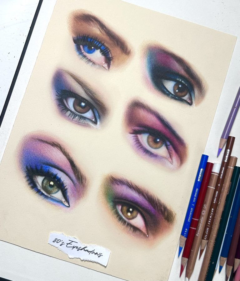 Drawings of 6 eyes with makeup from the 80's