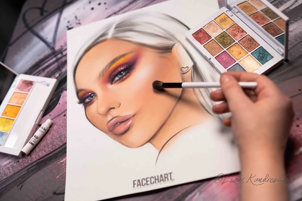 drawing a face chart with makeup