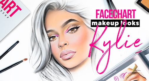 Kylie Jenner eye makeup look face chart drawing with makeup on paper